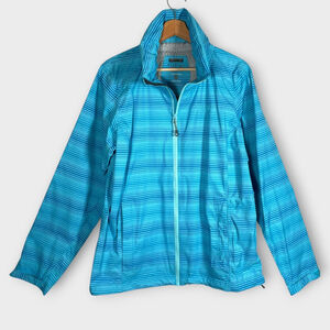 MOUNTAIN HARDWEAR Hidden Hood Rain Coat Jacket LARGE DryQ Blue Plasmic Ion